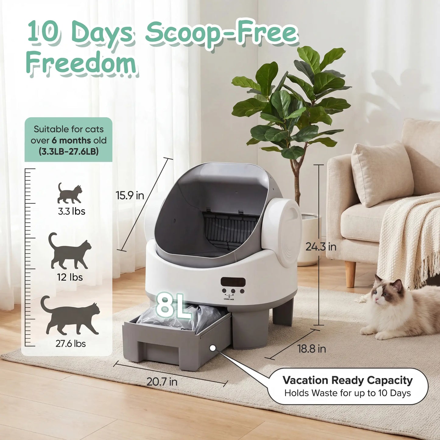 Warcat Next-Generation Automatic Open-Top Cat Litter Box - Advanced Self-Cleaning System with 360° Safety Features, Reliable Sensors, 8L Capacity, User-Friendly Design for Seniors