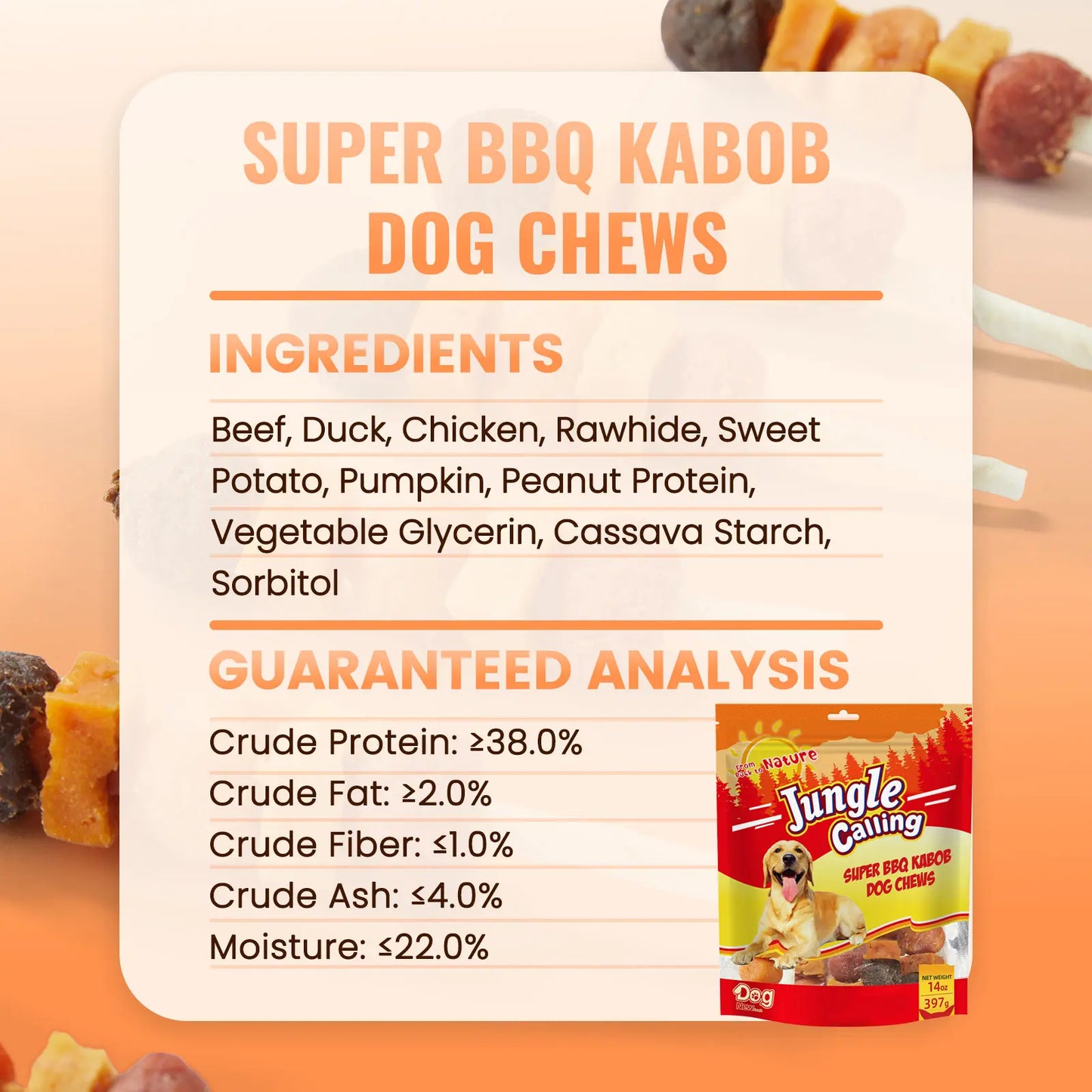 Jungle Calling Multi-Flavor Dog Kabob Treats - Chicken, Duck, Beef, Sweet Potato & Pumpkin - Buy 1 Get 1 Free Chew Sticks and Rawhide Snacks for Training and Rewards