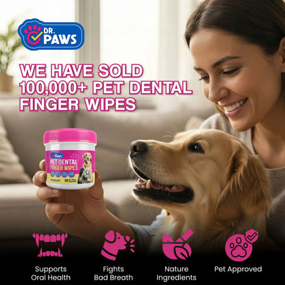 Dr. Paws: Pet Care Finger Wipes for Dogs & Cats – Dental Cleaning, Ear Cleaner & Eye Care Wipes | Removes Plaque, Bad Breath, Tear Stains & Ear Wax | Hypoallergenic No-Rinse Grooming Wipes
