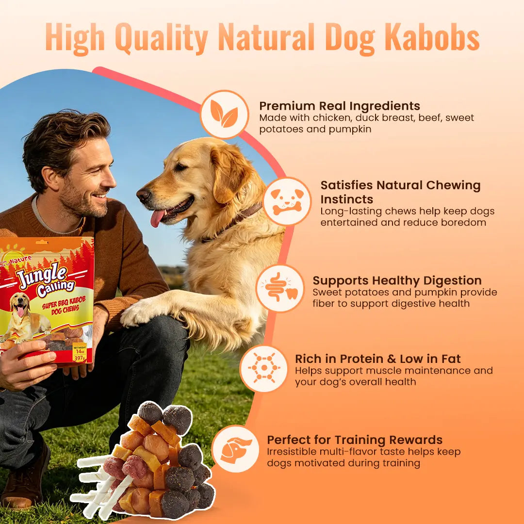 Jungle Calling Multi-Flavor Dog Kabob Treats - Chicken, Duck, Beef, Sweet Potato & Pumpkin - Buy 1 Get 1 Free Chew Sticks and Rawhide Snacks for Training and Rewards