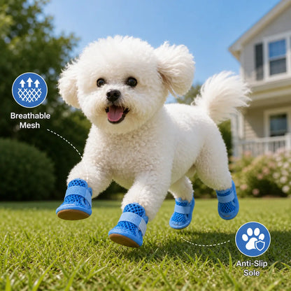 Breathable Mesh Dog Shoes - Set of 4, Lightweight Anti-Slip Paw Protectors with Adjustable Straps for Summer Outdoor Activities